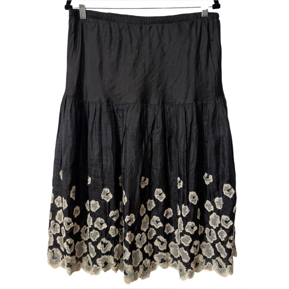 Black Embroidered Midi Skirt Boho Cottagecore Whimsigoth Elastic L‎